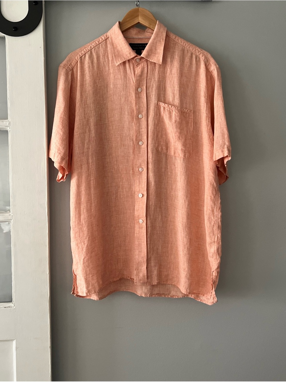 Cutter & Buck 100% Linen Button Up Short Sleeve Shirt Men’s Large Peach Resort